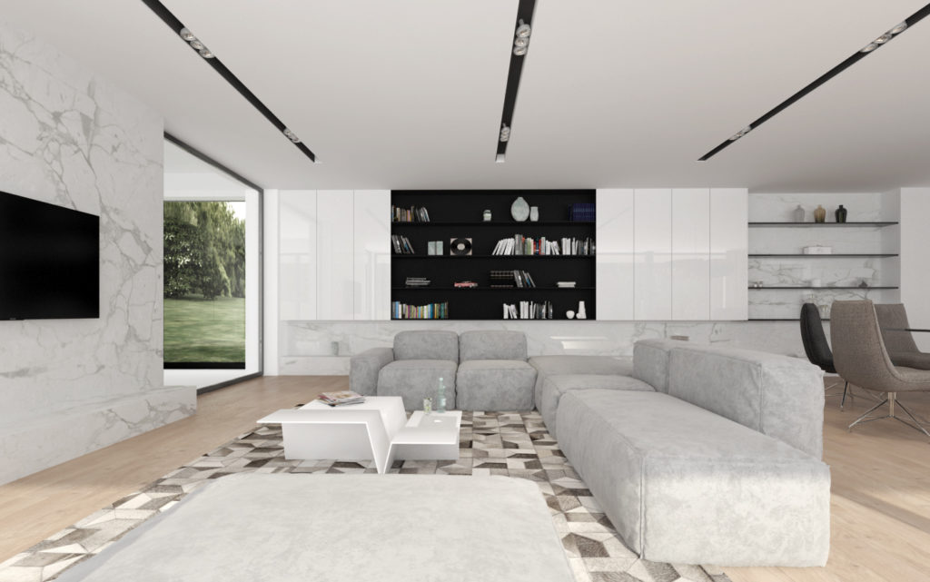 Moderná obývačka- elegantná knižnica aj na suveníry