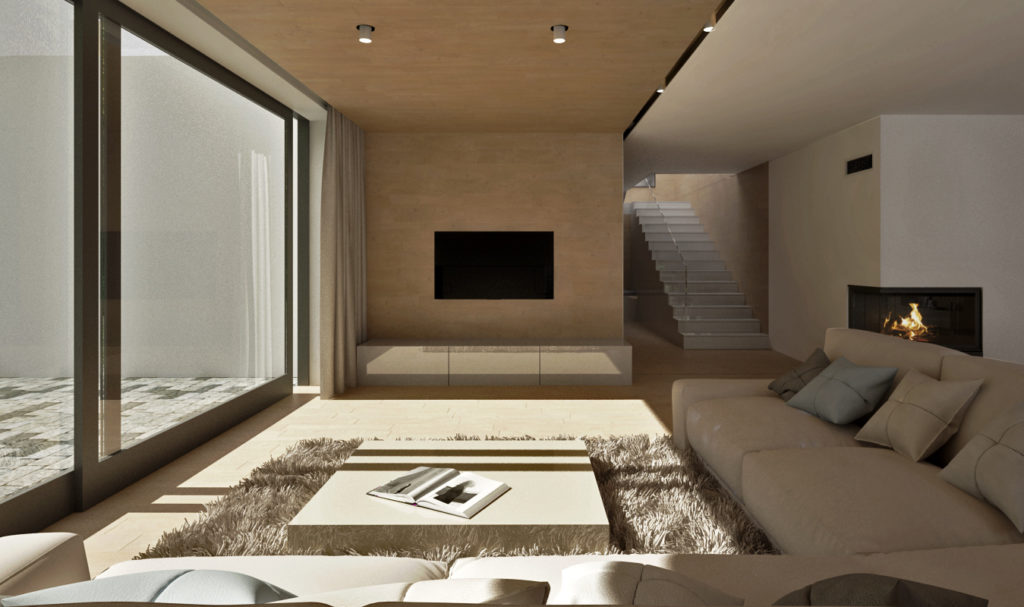 Obývacia izba- TV so skrinkou, rohový krb a schodisko