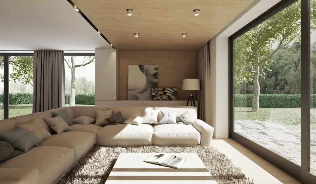 Obývacia izba- komfortná sedačka a drevo aj na strope