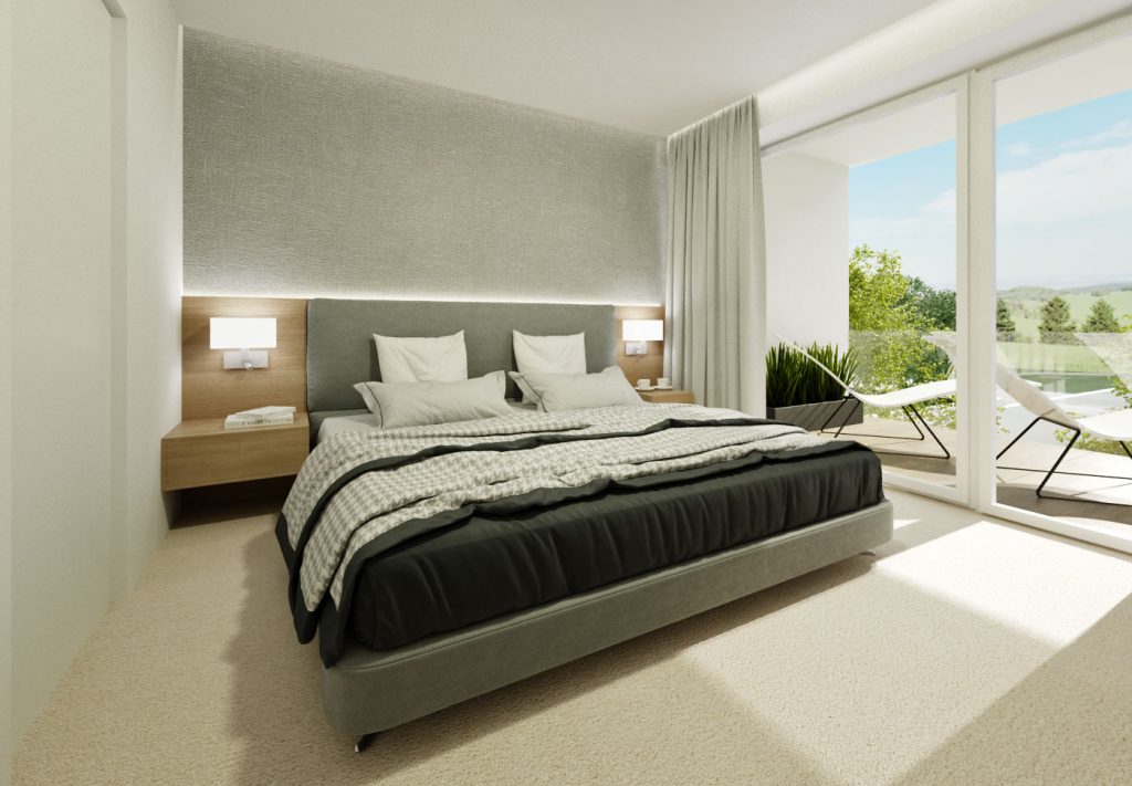 Moderná spálňa šedá-drevo