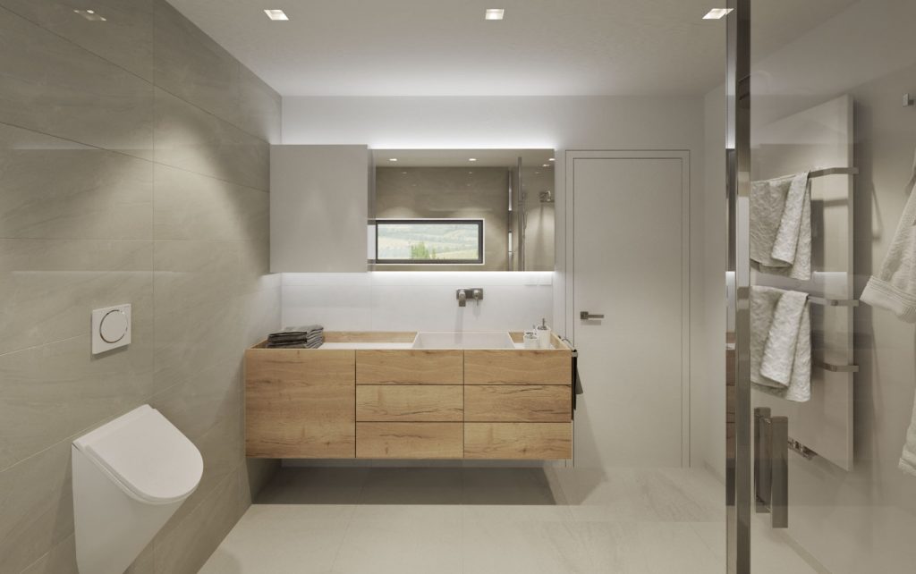 Neutrálna moderná kúpelňa s netradičnou skrinkou s umývadlom