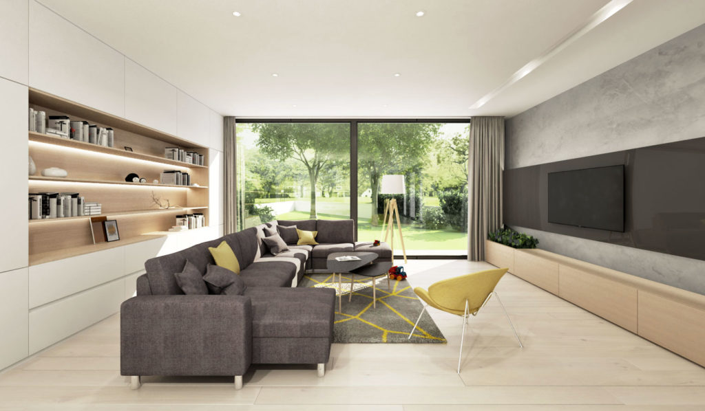 Moderná neutrálna obývačka so žltými akcentmi