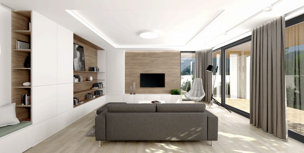 Príjemná drevo-biela kombinácia v obývacom priestore