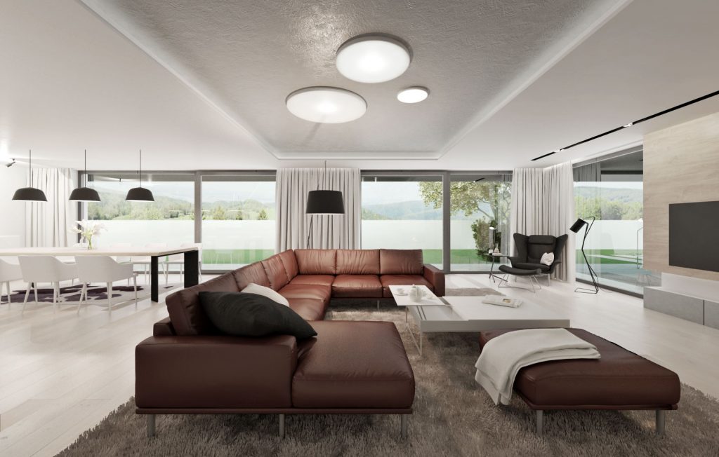 Moderná obývačka s koženou sedačkou