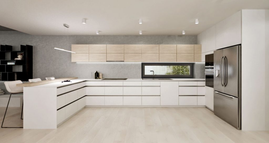 Moderná kuchyňa vo farbách biela- drevo a americká chladnička