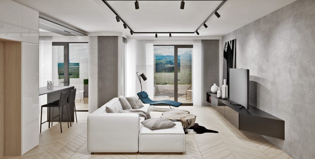 Monochromatický interiér príjemne dopĺňa drevo a farebné kresielko