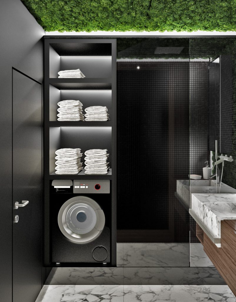 Skriňa s práčkou a sprchový kút v kúpelni bytu