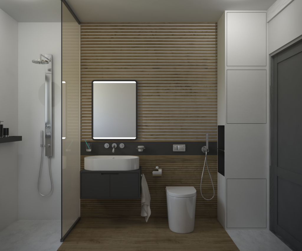 Monochromatická kúpeľňa s akcentujúcim dreveným obkladom.